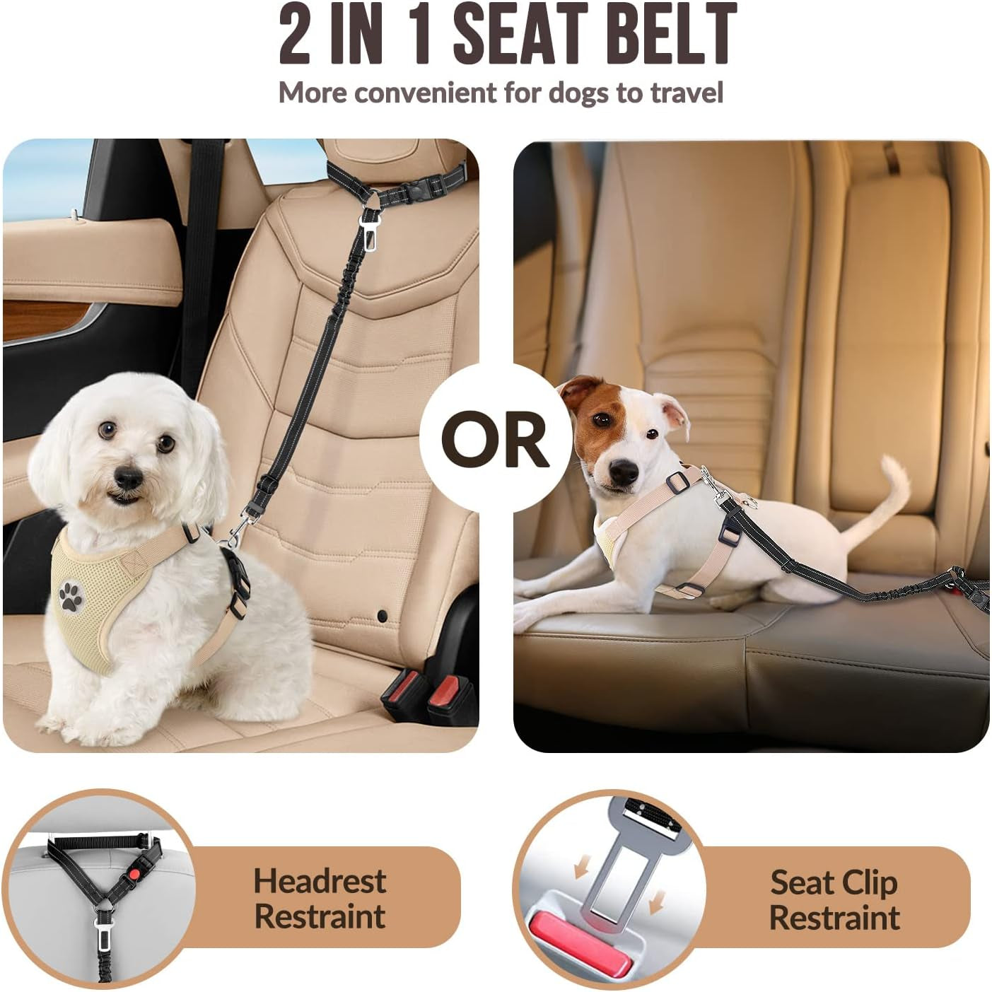 Dog Seat Belt for Car, 2 Pack Dog Car Harness Seatbelt Adjustable with Elastic Bungee Buffer, 2 in 1 Pet Car Leash Headrest Restraint Dog Reflective Safety Tether (S, Black, Headrest+Clip)