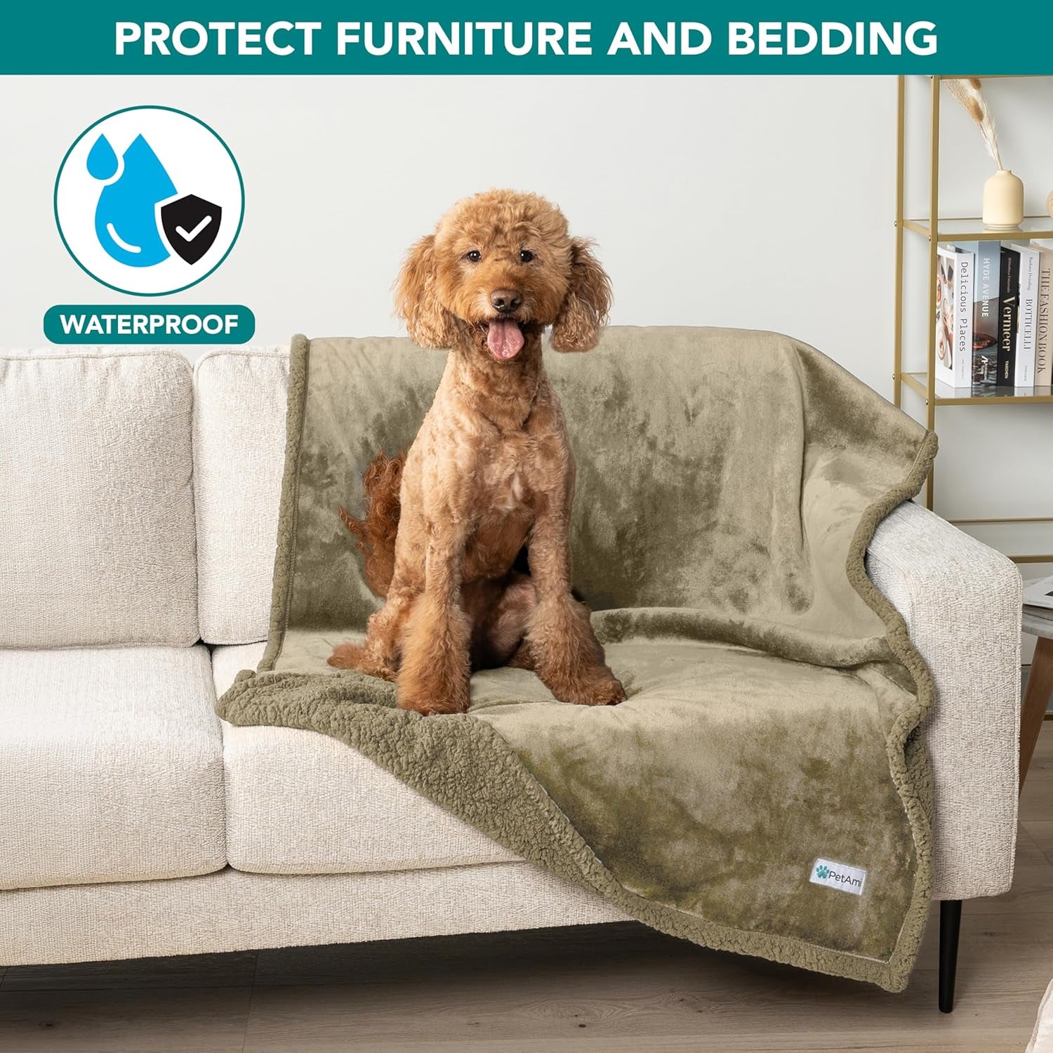 Waterproof Dog Blanket for Couch, Large 60X40, Pee Proof Sherpa Fleece Reversible Pet Throw, Furniture Protector for Bed Sofa Kennel, Soft Washable Cover for Medium Dogs Cats, Taupe Sherpa