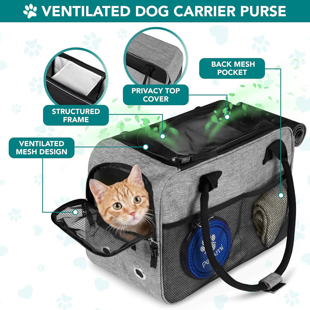 Dog Purse Carrier for Small Dogs Cats, TSA Airline Approved Soft-Sided Pet Carrier with Pockets, Ventilated Travel Tote Bag with Bed & Shoulder Strap, Puppy Kitten, Max 12 Lbs, Heather Grey